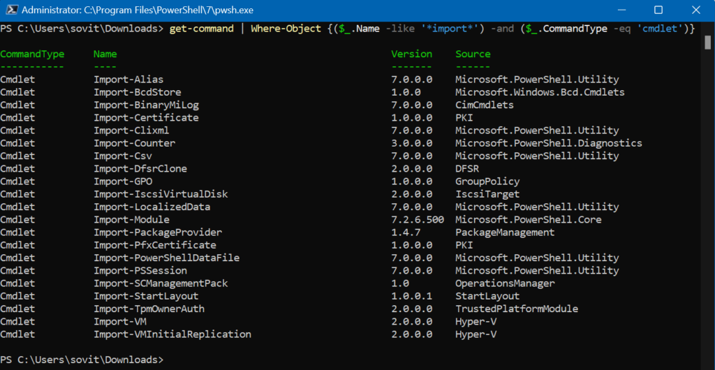 Showing all the commands locally that have 'Import' in their name and are PowerShell cmdlets