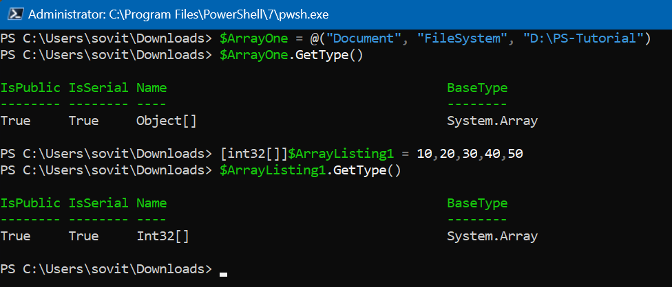 Learning about PowerShell array data types