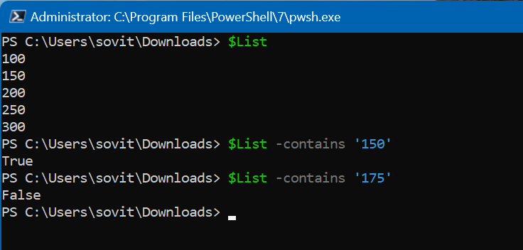 Here, we use the -contains operator to identify data in an array