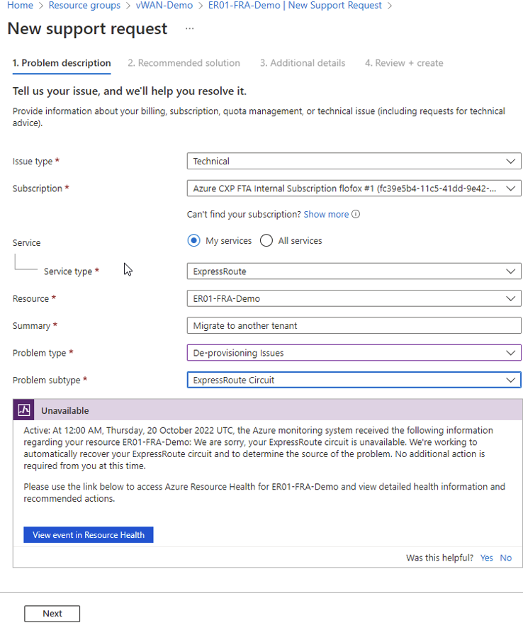 Raising a support ticket to migrate an Azure ExpressRoute connection