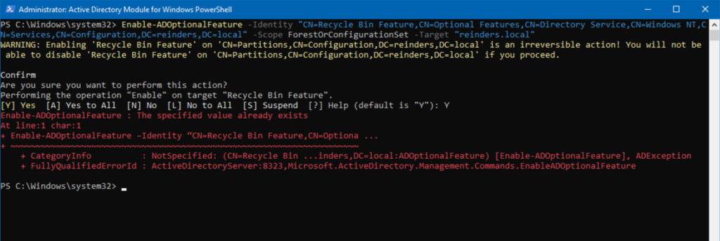 Using PowerShell to enable the AD Recycle Bin
