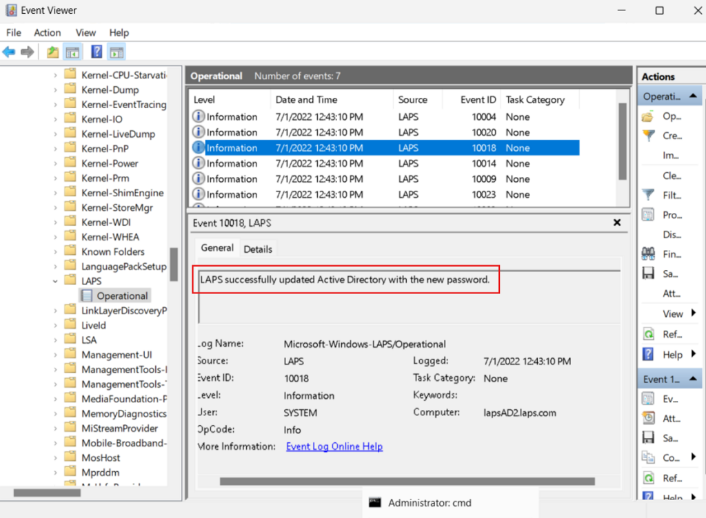 Verifying Windows LAPS updated a local admin password in Event Viewer