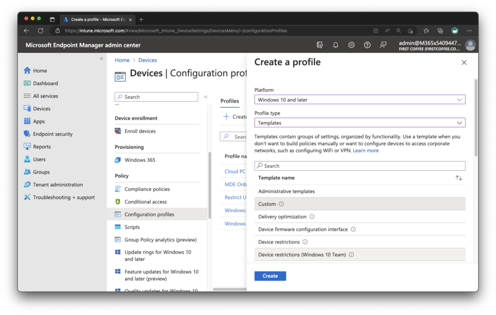 Create a profile in the Microsoft Endpoint Manager admin center