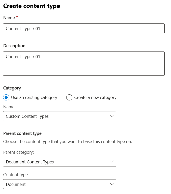Enter the required details for your new content type on SharePoint