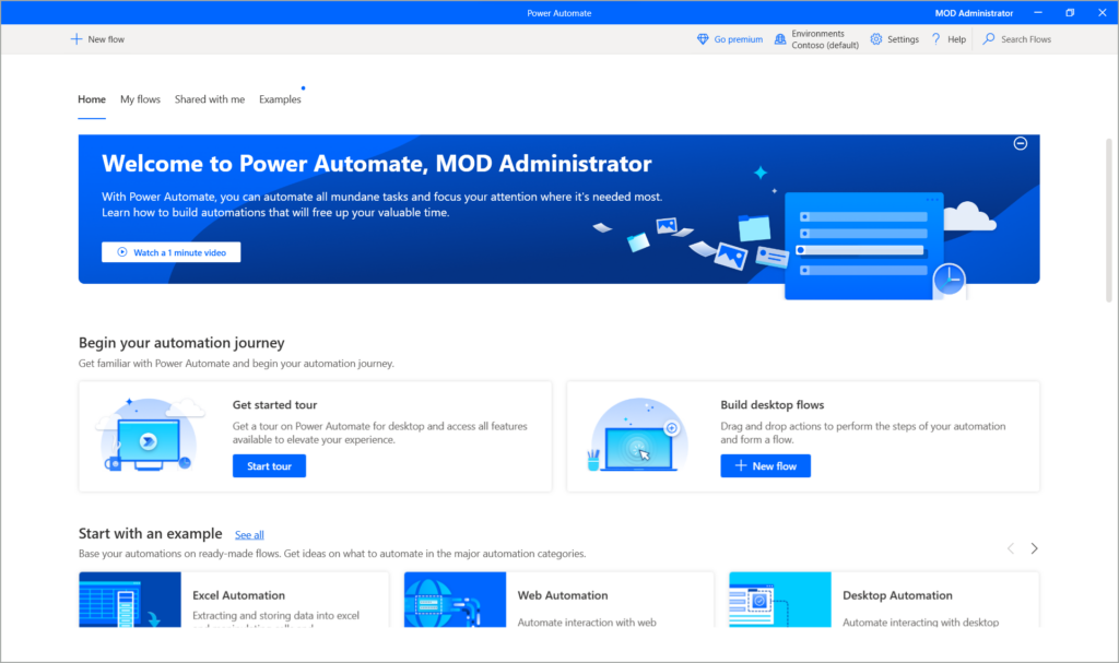 The new Power Automate Desktop home page.