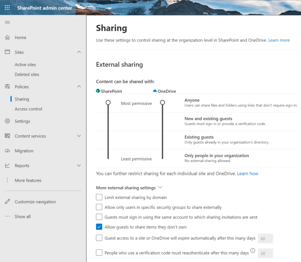 SharePoint 'Sharing' options in the admin center 