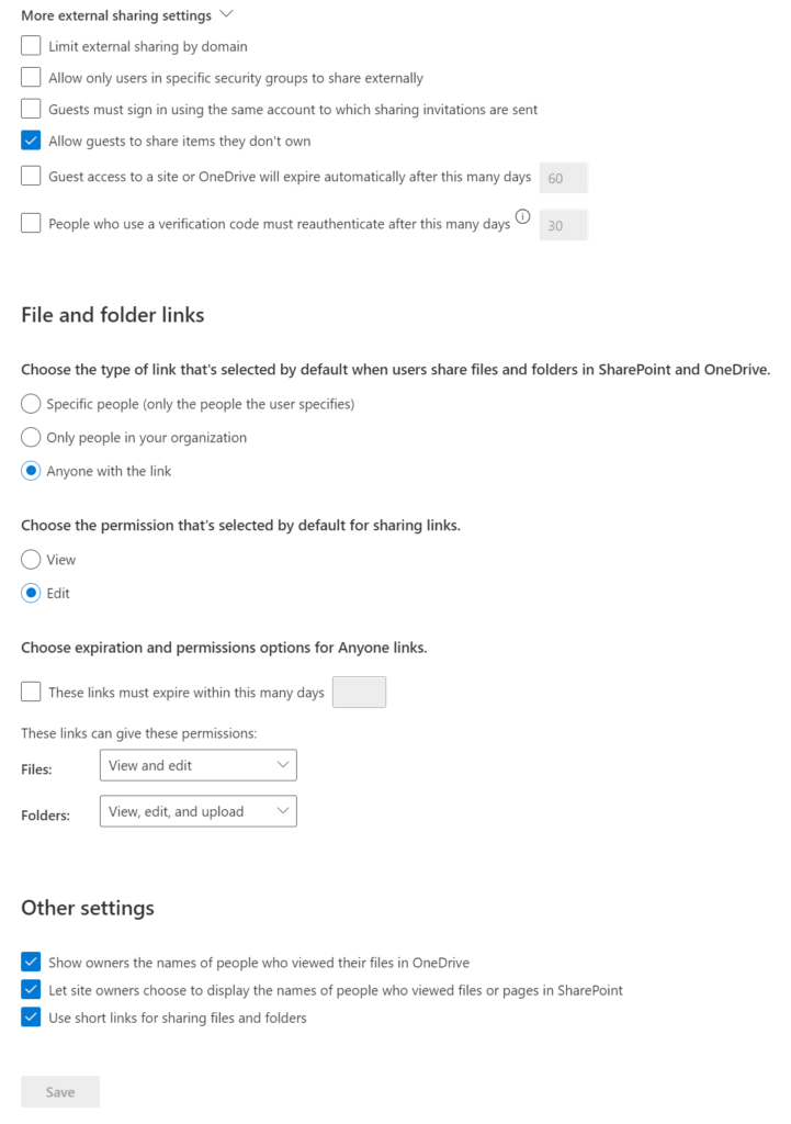 Additional SharePoint / OneDrive sharing settings in the SharePoint admin center