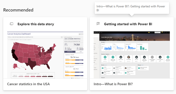 “Recommended” carousel with links to get started using Power BI