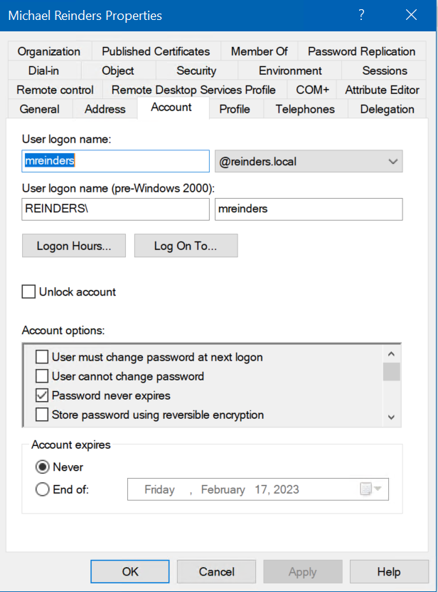 A User in Active Directory - the 'Account' tab. Note the UPN and sAMAccountName