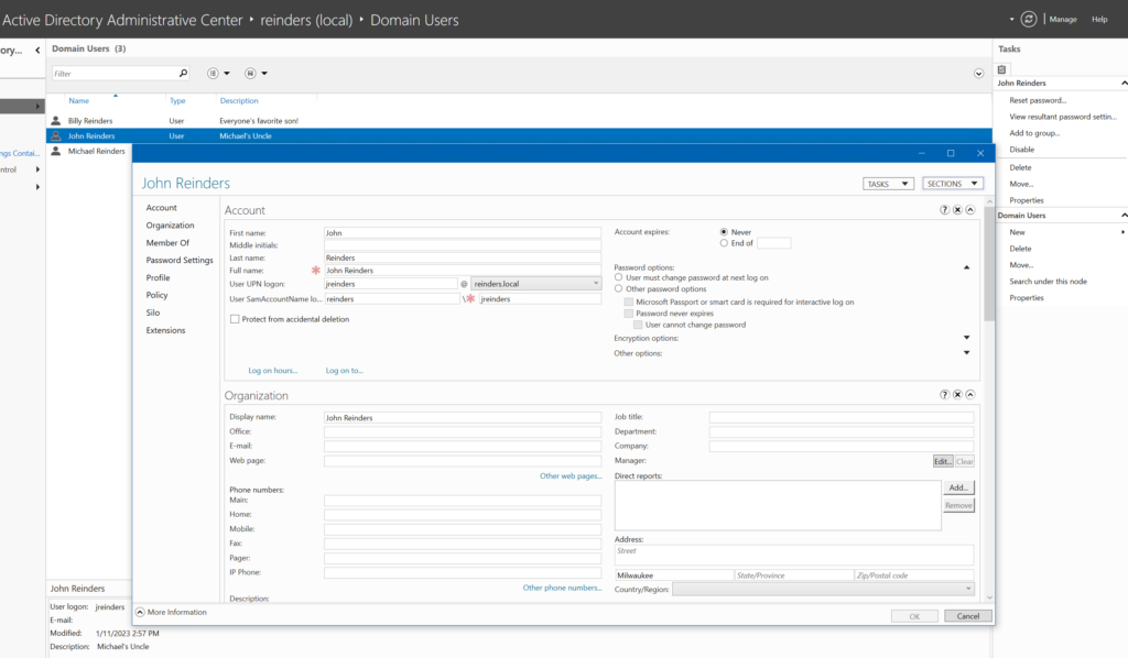 The Active Directory Administrative Center showing the same attributes/fields