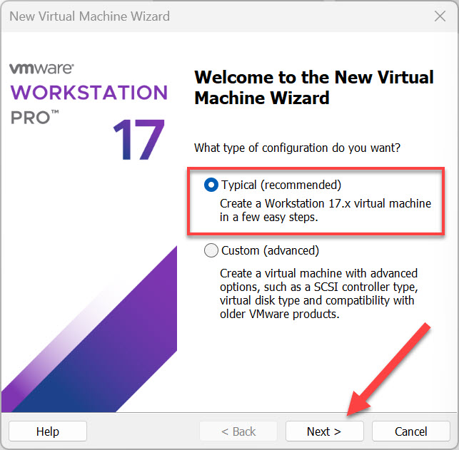 Cuadro de diálogo de bienvenida del Asistente para nueva máquina virtual de VMware Workstation Pro