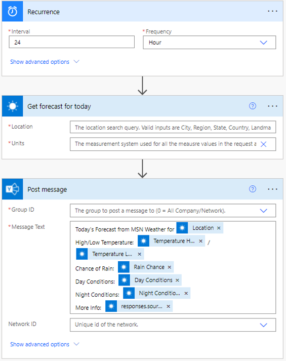 Power Automate builds a flow for posting weather updates to a Yammer group