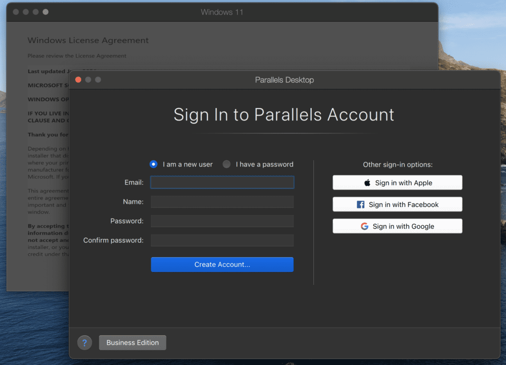 Create a free Parallels account to continue using your Windows 11 VM