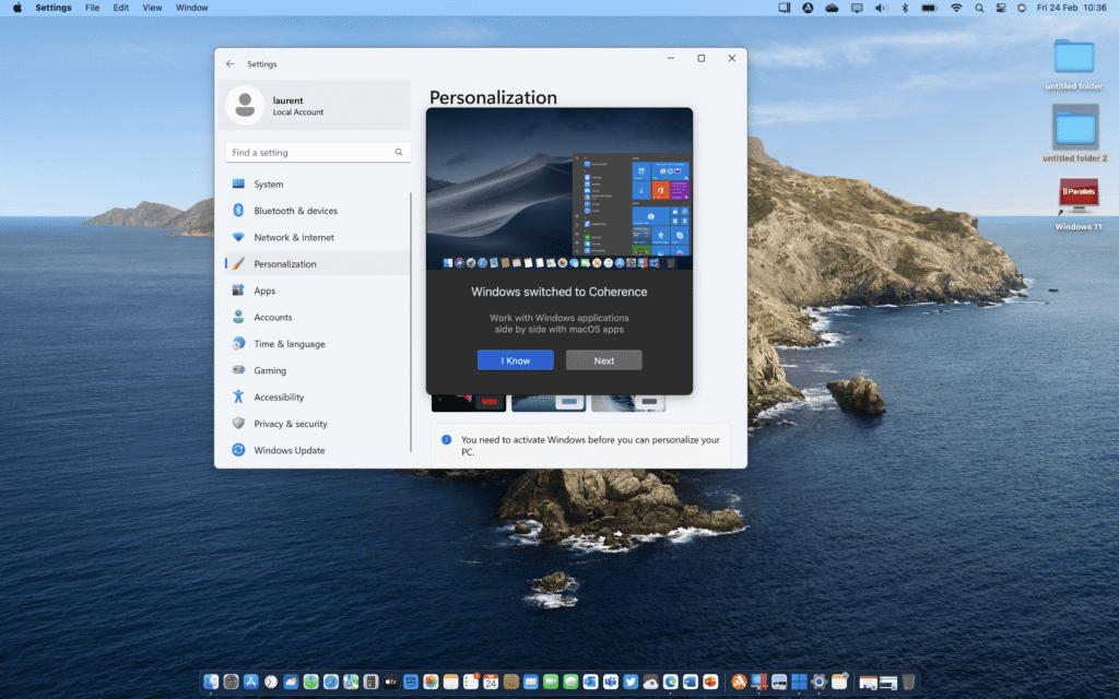 Coherence mode hides the VM and lets you access Windows apps from the macOS desktop