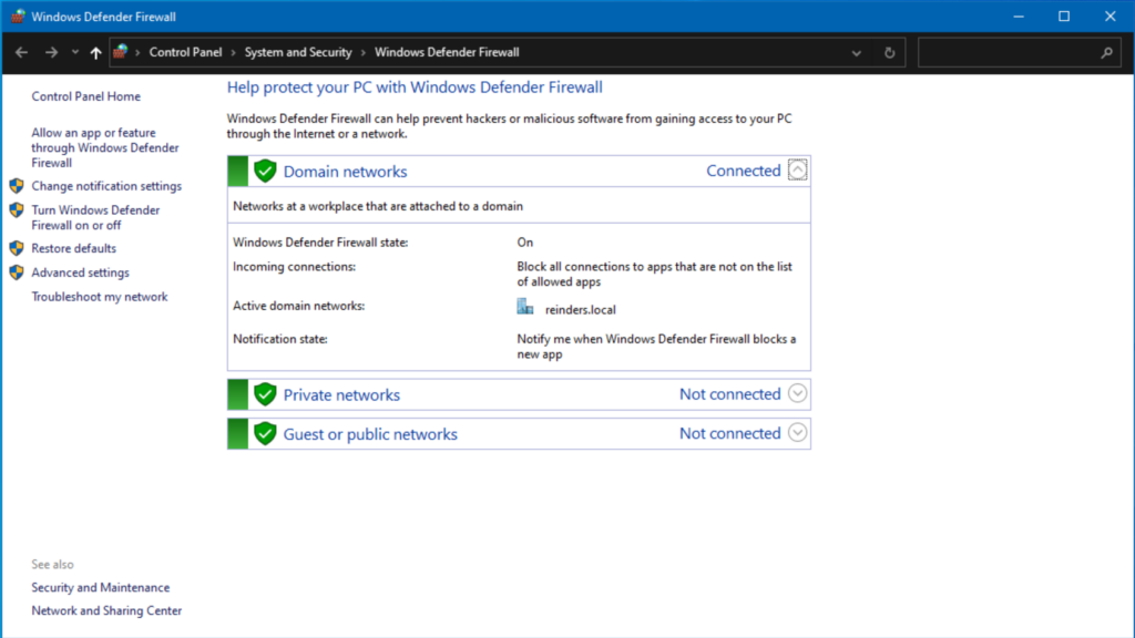 Windows Defender Firewall - the Front End interface
