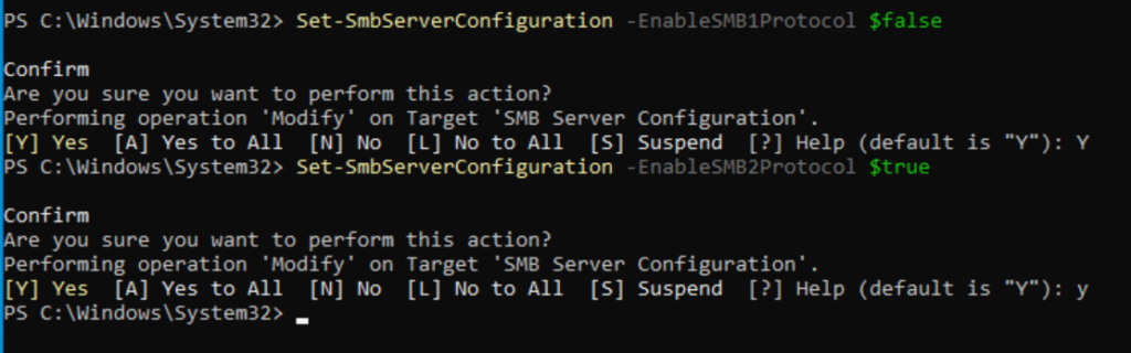 Using PowerShell to disable SMB 1.0 and enable SMB 2.0 (/3.0) 