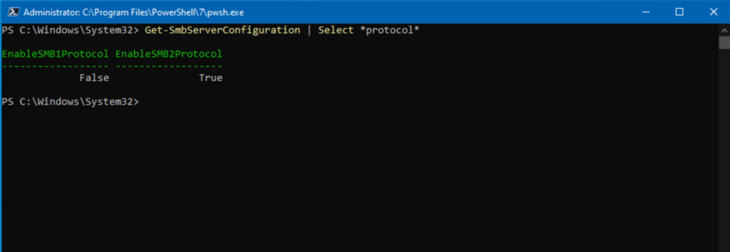 Using the 'Get-SmbServerConfiguration' PowerShell cmdlet to check the status of SMB 1.0 and 2.0