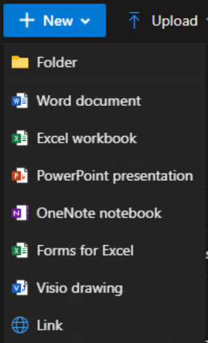 Creating a new folder or Office app document from the 'New' picker 