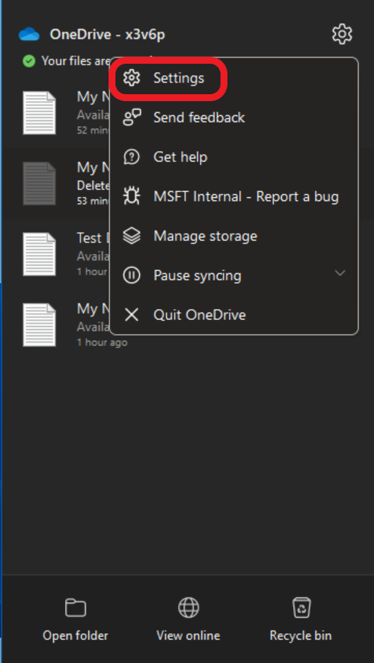 Accessing the OneDrive Settings menus
