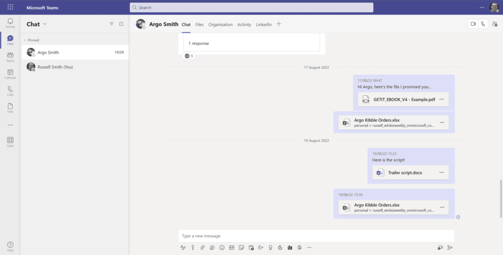 A one-to-one chat in Microsoft Teams