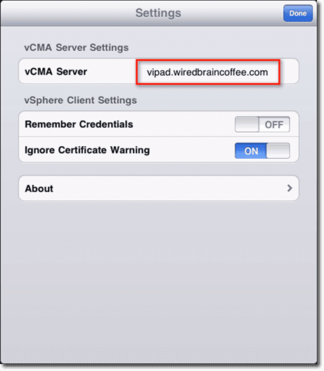 vcma connection settings on ipad