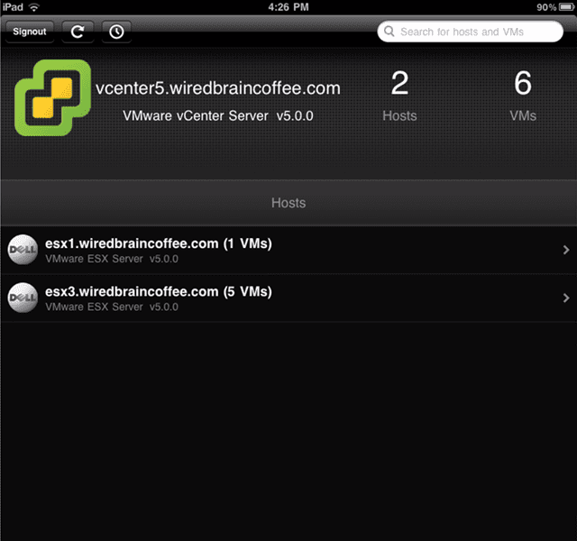 opening screen of vsphere client for ipad