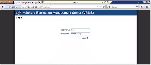 VMware Site Recovery Manager login