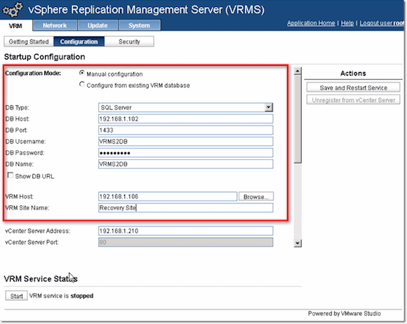 VMware Site Recovery Manager startup configuration