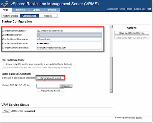 VMware Site Recovery Manager center server information