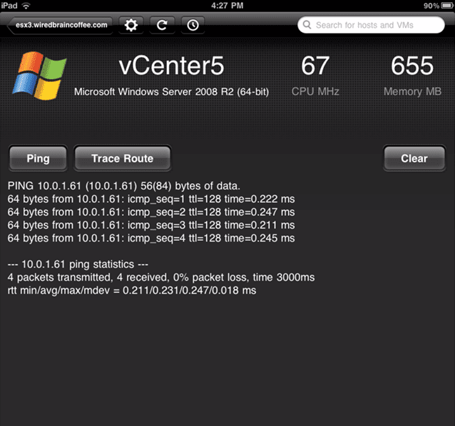 ping traceroute vsphere client for ipad