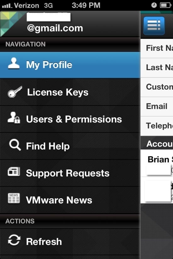 my vmware mobile app: menu