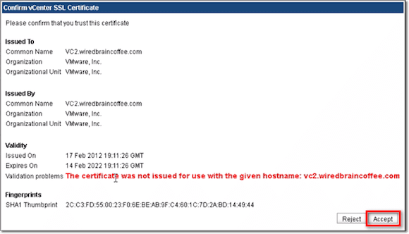 VMware Site Recovery Manager confirm vcenter ssl cert