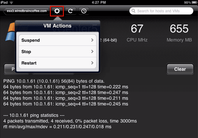 vm actions on vsphere client for ipad