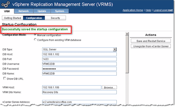 VMware Site Recovery Manager successfully saved startup configuration