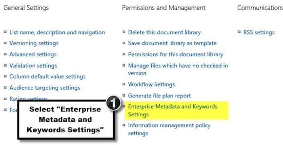 Configuration of the Managed Metadata: Library Settings