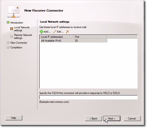 receive connector local network settings