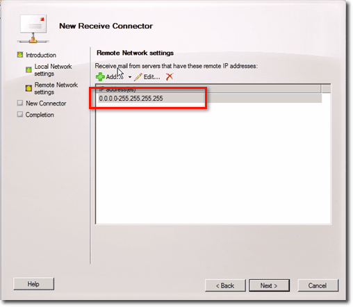  new receive connector remote network settings