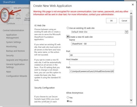 SharePoint 2013 dev environment: Create New Web Application