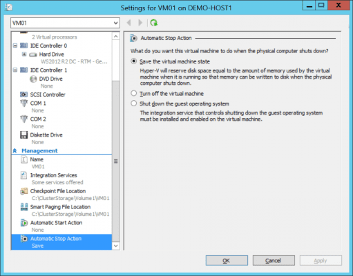 Automatic stop action of a Hyper-V virtual macine