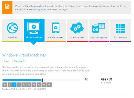 Pricing Azure virtual machines using the online pricing calculator. (Image Credit: Microsoft)