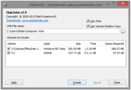 Using SysInternals Disk2VHD to perform a P2V conversion