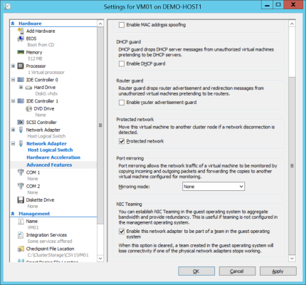 Editing a Hyper-V virtual machine to enable guest OS NIC teaming
