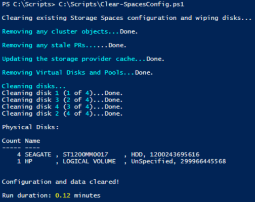 Using Clear-SpacesConfig.PS1 to erase disks, cluster, and Storage Spaces