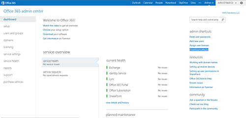 Fig 1 – Office 365 Dashboard