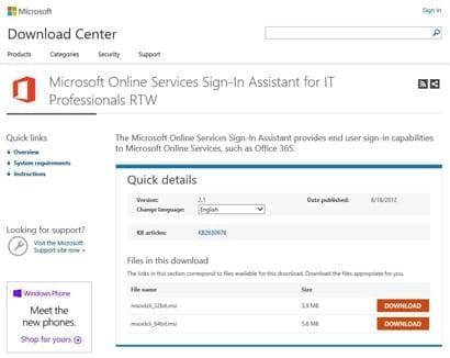 Active Directory Download Sign-In Assistant