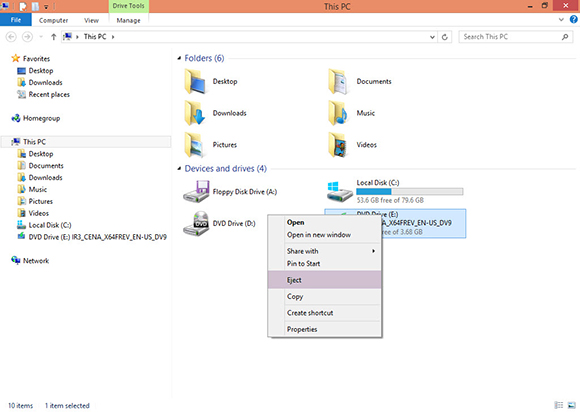 Dismounting the ISO file from File Explorer