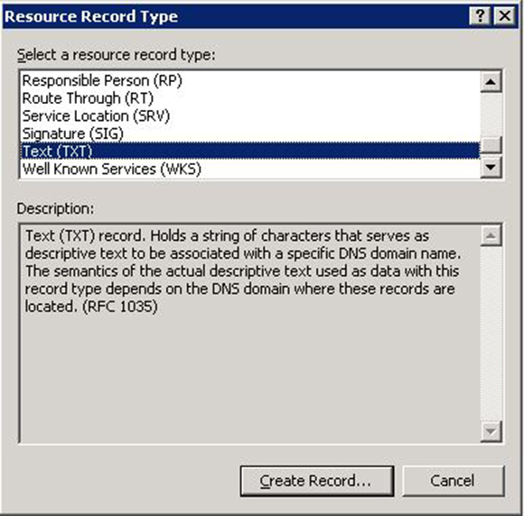 Fig 4 – Create TXT Record