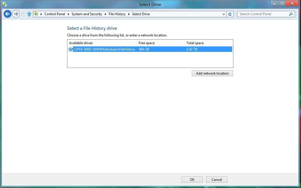 Fig 5 Win8 File History Network Storage Location Selected