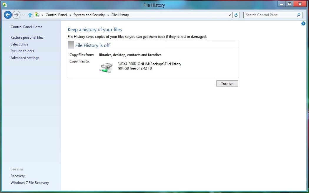 Fig 6 Win8 File History Control Panel App Ready to Turn On