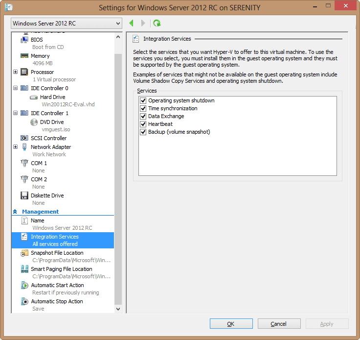 Windows 8 Hyper-V settings